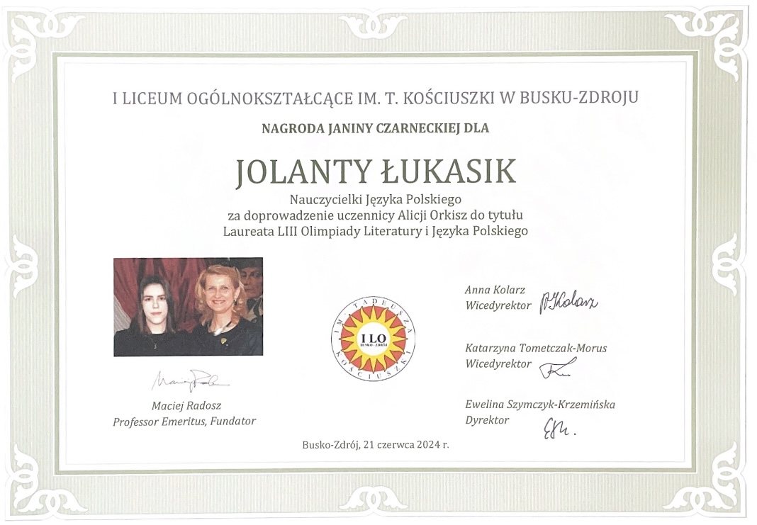 Dyplom dla nagrodzonej