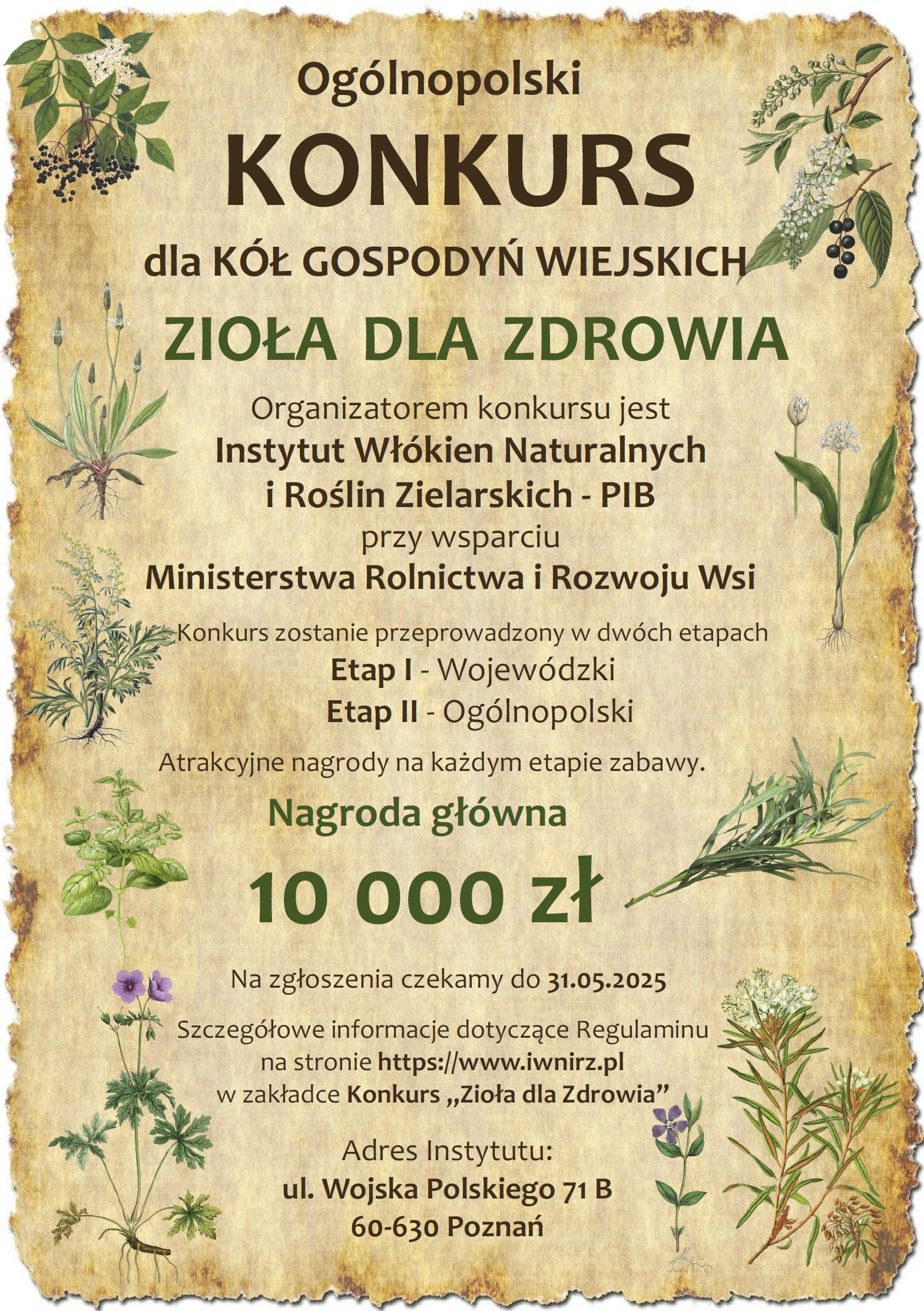 Plakat konkursowy ZIOŁA DLA ZDROWIA nagroda główna dziesięć tysięcy złotych
